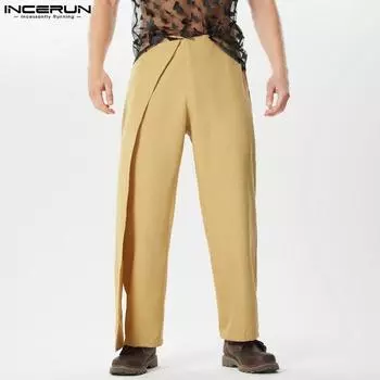 INCERUN Мужские повседневные прямые брюки на молнии с запахом, длинные брюки