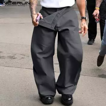 INCERUN Мужские повседневные прямые брюки с застежкой-молнией и карманами M синий