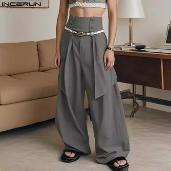 INCERUN Мужские повседневные прямые брюки с застежкой-молнией сбоку и высокой талией 4XL чёрный