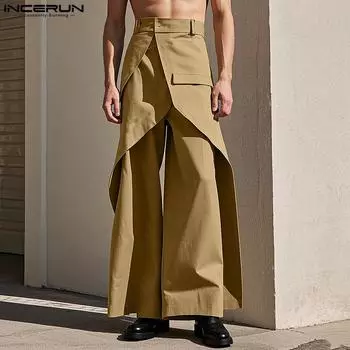 INCERUN Мужские повседневные прямые брюки с застежкой-молнией и высокой талией в стиле пэчворк S чёрный
