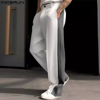 INCERUN мужские повседневные прямые брюки с застежкой-молнией на талии, длинные брюки XL серый