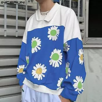 INCERUN Мужские повседневные пуловеры с длинным рукавом и цветочным принтом в стиле пэчворк M синий