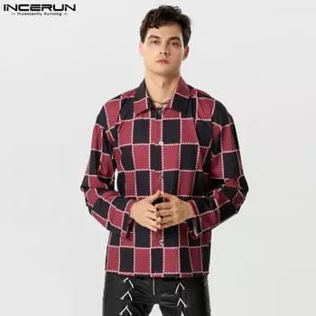INCERUN Мужские повседневные рубашки на пуговицах с длинным рукавом и решетчатым принтом