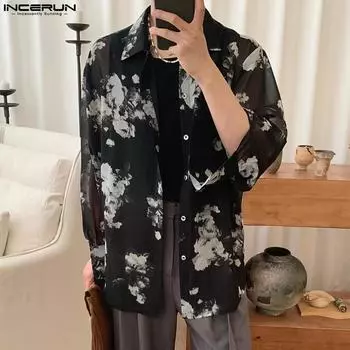 INCERUN Мужские повседневные рубашки с цветочным принтом и прозрачными длинными рукавами