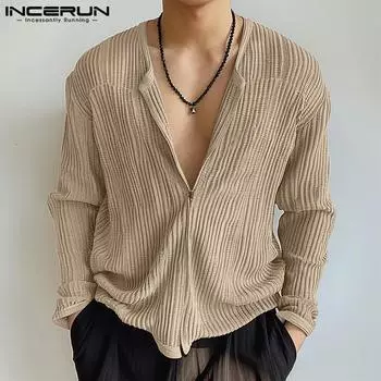 INCERUN Мужские повседневные рубашки с длинным рукавом и застежкой-молнией S чёрный