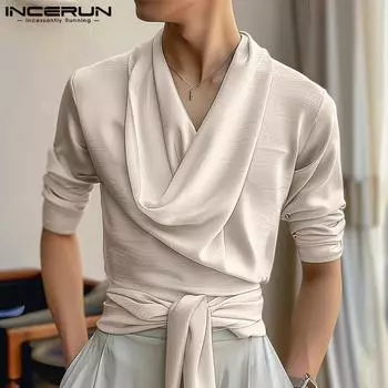 INCERUN Мужские повседневные рубашки с длинным рукавом и воротником-стойкой S