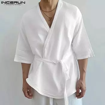 INCERUN мужские повседневные рубашки с v-образным вырезом и половиной рукавов на шнуровке, свободные кимоно, кардиганы 5XL белый