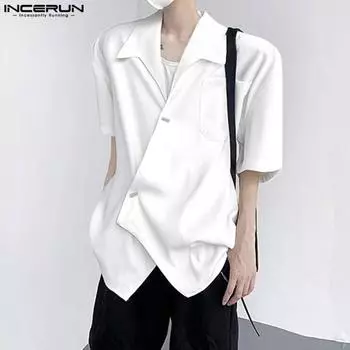 INCERUN Мужские повседневные рубашки с V-образным вырезом спереди и перекрестными пуговицами с коротким рукавом L белый