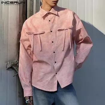 INCERUN Мужские повседневные рубашки свободного покроя с воротником-лацканами и длинным рукавом с бантом и пуговицами 4XL розовый