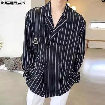 INCERUN Мужские повседневные рубашки в полоску на пуговицах с длинными рукавами и лацканами M чёрный
