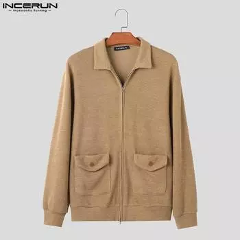 INCERUN мужские повседневные шерстяные куртки с длинным рукавом на молнии и воротником, кардиган