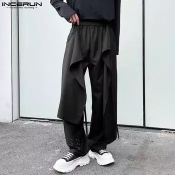 INCERUN Мужские повседневные широкие брюки с эластичной резинкой на талии, двухслойные, с рюшами