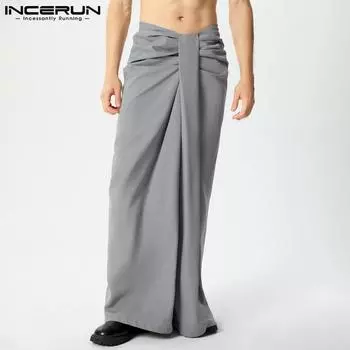 INCERUN Мужские брюки с закрученной молнией на талии, повседневные брюки с широкими штанинами, длинные брюки с оборками L
