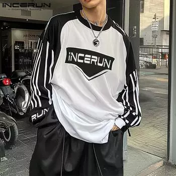 INCERUN Мужские повседневные свитера с длинным рукавом и буквенным принтом, свободные топы с вышивкой S чёрный