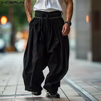 INCERUN мужские повседневные свободные брюки с широкими штанинами и молнией на талии S чёрный