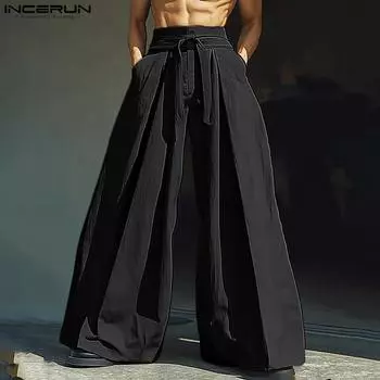 INCERUN мужские повседневные свободные широкие брюки с застежкой-молнией на талии S чёрный