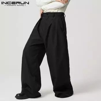 INCERUN Мужские повседневные свободные брюки с высокой талией на молнии, широкие брюки чёрный