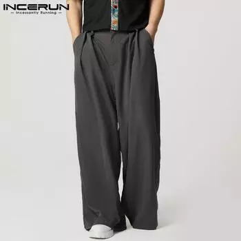 INCERUN Мужские повседневные свободные брюки с высокой талией на молнии, широкие брюки