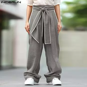 INCERUN Мужские повседневные свободные брюки с застежкой-молнией на талии, длинные, широкие брюки с бантом S хаки