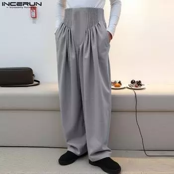 INCERUN Мужские повседневные свободные длинные брюки с высокой талией и боковой молнией, с оборками, с большими карманами S чёрный