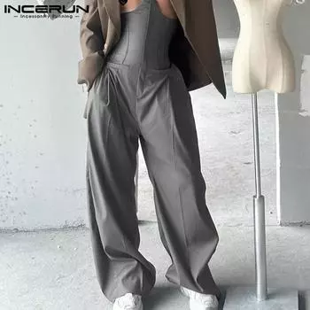 INCERUN мужские высокие молния корсет талия однотонные повседневные свободные длинные прямые брюки S чёрный