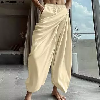 INCERUN Мужские повседневные свободные длинные шаровары с эластичной талией и оборками XL бежевый