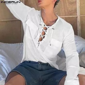 INCERUN Мужские повседневные свободные футболки с длинным рукавом и бандажным воротником, топы XL белый