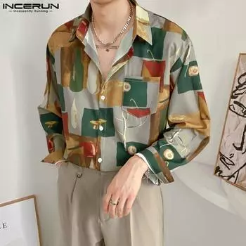 INCERUN Мужские повседневные свободные мешковатые рубашки с длинным рукавом и цветочным принтом M бежевый