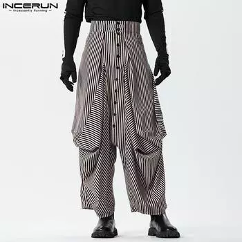 INCERUN Мужские повседневные свободные полосатые шаровары с заниженным шаговым швом 3XL синий