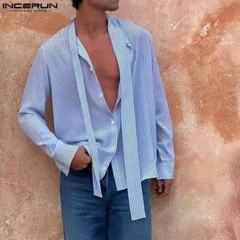 INCERUN Мужские повседневные свободные повязки в полоску с длинными рукавами, рубашки