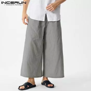 INCERUN мужские повседневные свободные широкие брюки с эластичным поясом в полоску S чёрный