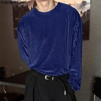 INCERUN Мужские повседневные свободные свитера с длинным рукавом в полоску из бархата S чёрный