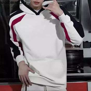 INCERUN Мужские повседневные толстовки с капюшоном и полосатым узором с длинным рукавом L белый