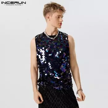 INCERUN Мужские повседневные топы без рукавов с блестками на бретелях
