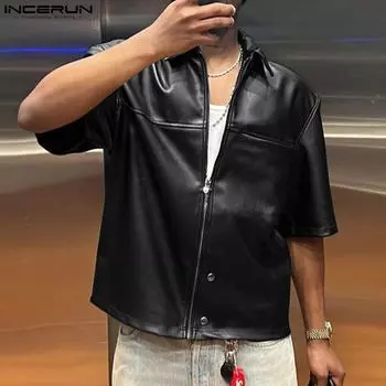 INCERUN Мужские повседневные топы из искусственной кожи с отложным воротником и коротким рукавом на молнии S зелёный