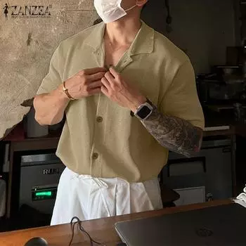 INCERUN Мужские повседневные топы, однотонные вязаные рубашки с короткими рукавами