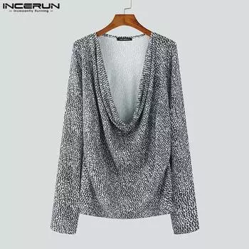 INCERUN Мужские повседневные топы с глубоким U-образным вырезом и нерегулярным принтом S чёрный