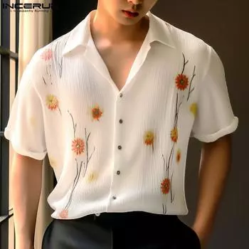 INCERUN Мужские повседневные топы с коротким рукавом с цветочным принтом Праздничные топы Прозрачная футболка