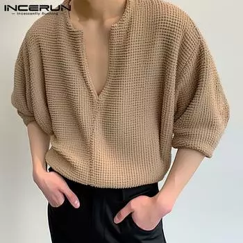 INCERUN Мужские повседневные топы с V-образным вырезом и рукавами 3/4