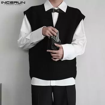 INCERUN мужские повседневные жилеты без рукавов с V-образным вырезом на весну и осень