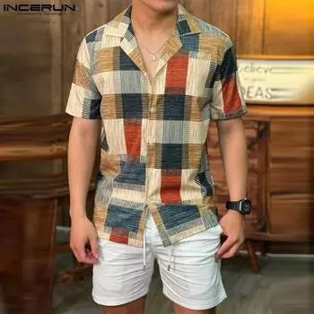 INCERUN Мужские праздничные рубашки в клетку на пуговицах с короткими рукавами и принтом 2XL хаки