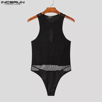 INCERUN Мужские прозрачные боди без рукавов с сетчатым лоскутным узором, обтягивающие комбинезоны S