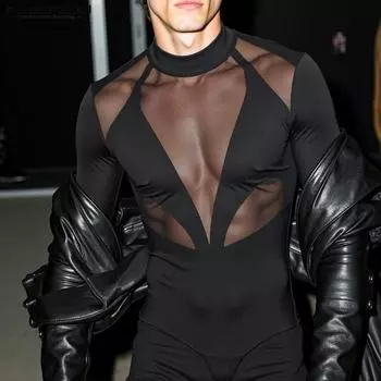 INCERUN Мужские прозрачные боди с длинным рукавом, кружевные сетчатые комбинезоны в стиле пэчворк для клуба L