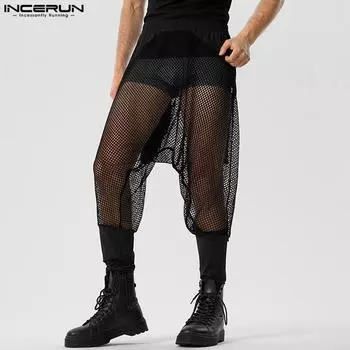 INCERUN Мужские прозрачные брюки с эластичной резинкой на талии, повседневные сетчатые брюки