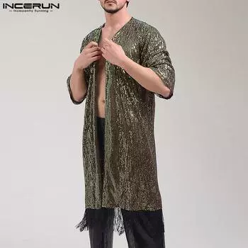 INCERUN Мужские прозрачные длинные кардиганы с длинным рукавом и кисточками из сетки Shinny Kimono S белый