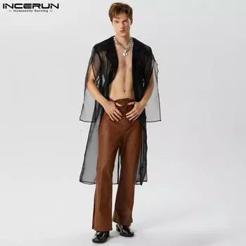 INCERUN Мужские прозрачные длинные куртки с длинными рукавами и лацканами из прозрачной сетки