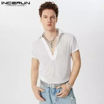 INCERUN Мужские сетчатые футболки с V-образным вырезом и лацканами, летние прозрачные топы M