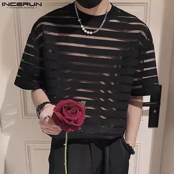 INCERUN Мужские прозрачные футболки в полоску с круглым вырезом и короткими рукавами S чёрный