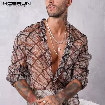 INCERUN Мужские прозрачные клубные рубашки с длинными рукавами и летними топами с принтом