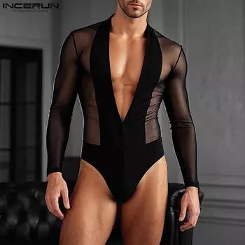 INCERUN Мужские прозрачные комбинезоны с длинным рукавом из сетчатой ткани в сетку S